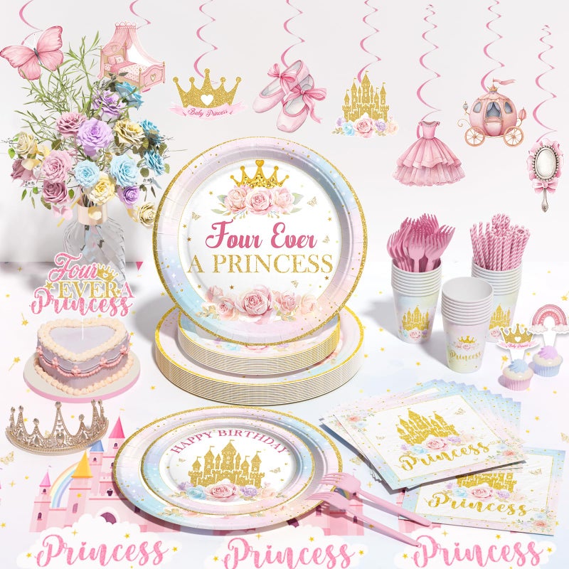 Fiesec Four Ever A Princess Birthday Decorations, 193 PCs Princess Party Decoration Tableware Supplies with Balloons, Banners, Cake Toppers, Tablecloths, Plates, Cups, Straws, Forks & Hanging Swirls - Image 5