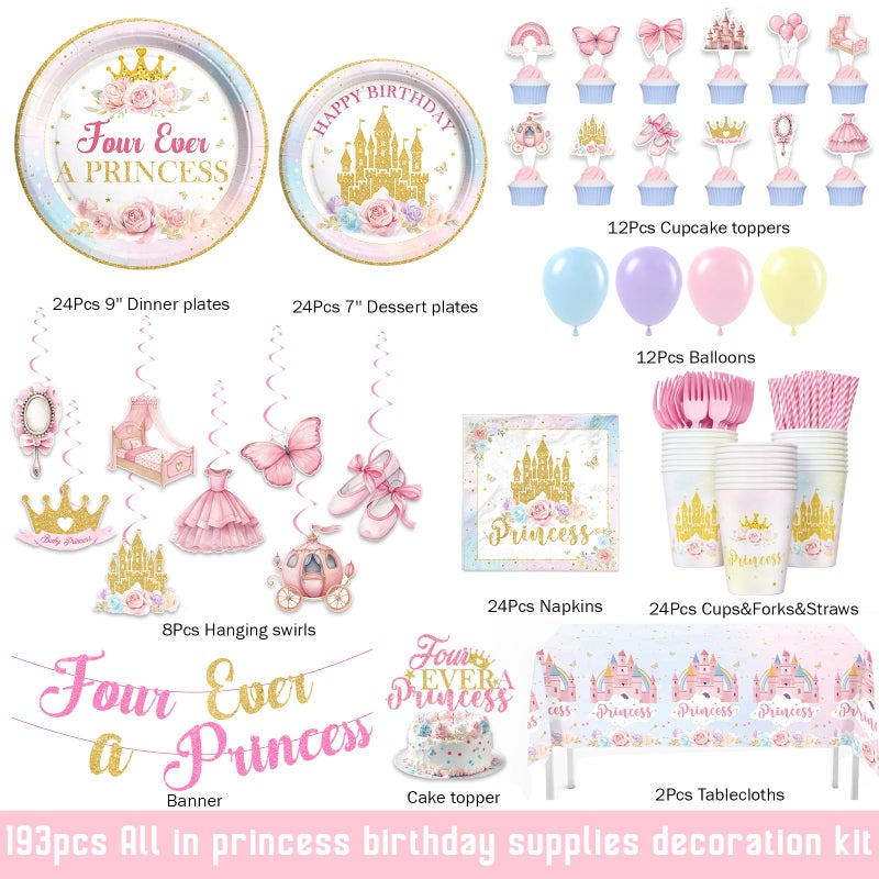 Fiesec Four Ever A Princess Birthday Decorations, 193 PCs Princess Party Decoration Tableware Supplies with Balloons, Banners, Cake Toppers, Tablecloths, Plates, Cups, Straws, Forks & Hanging Swirls - Image 2