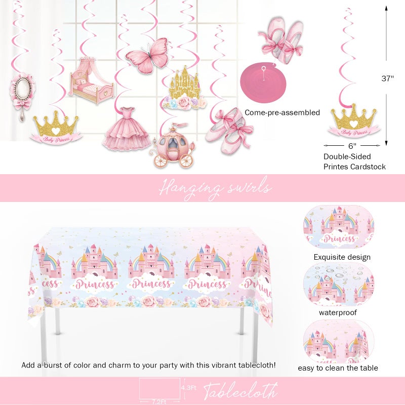 Fiesec Four Ever A Princess Birthday Decorations, 193 PCs Princess Party Decoration Tableware Supplies with Balloons, Banners, Cake Toppers, Tablecloths, Plates, Cups, Straws, Forks & Hanging Swirls - Image 3