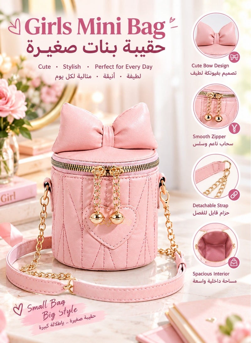 Bukela Cute Pink Little Girls Purse, Toddler Crossbody Chain Strap Bucket Bag with Bowknot, Barrel-shaped Kids Mini Shoulder Bag, Ideal Birthday Gift, Princess Style Handbag for Kids - Image 1