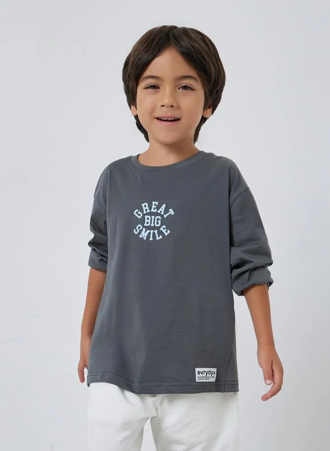 Styli Boys Grey Slogan Long Sleeve Cotton T-Shirt