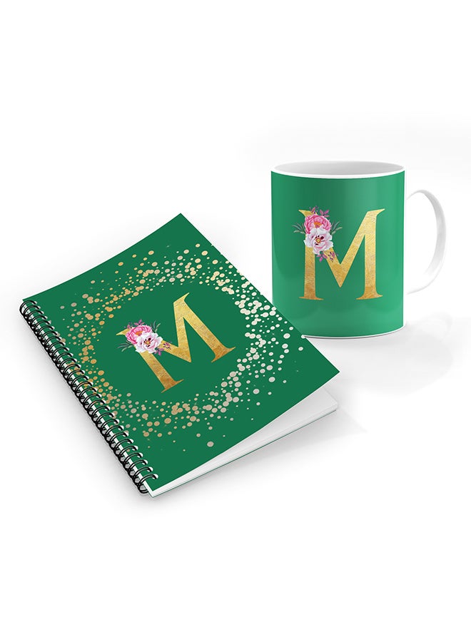 Stylizedd Printed Coffee Mug + A5 Spiral Notebook Memo Personalised Combo Gift Set Custom Monogram Initial Letter Floral Pattern Alphabet -  M (Spring Green)