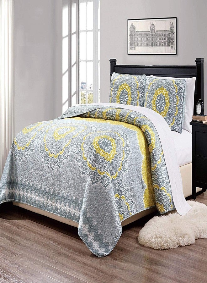Linen Plus King/California King 3pc Over Size Quilted Bedspread Floral Medallion Yellow Coastal Plain/Gray Green New - Image 1