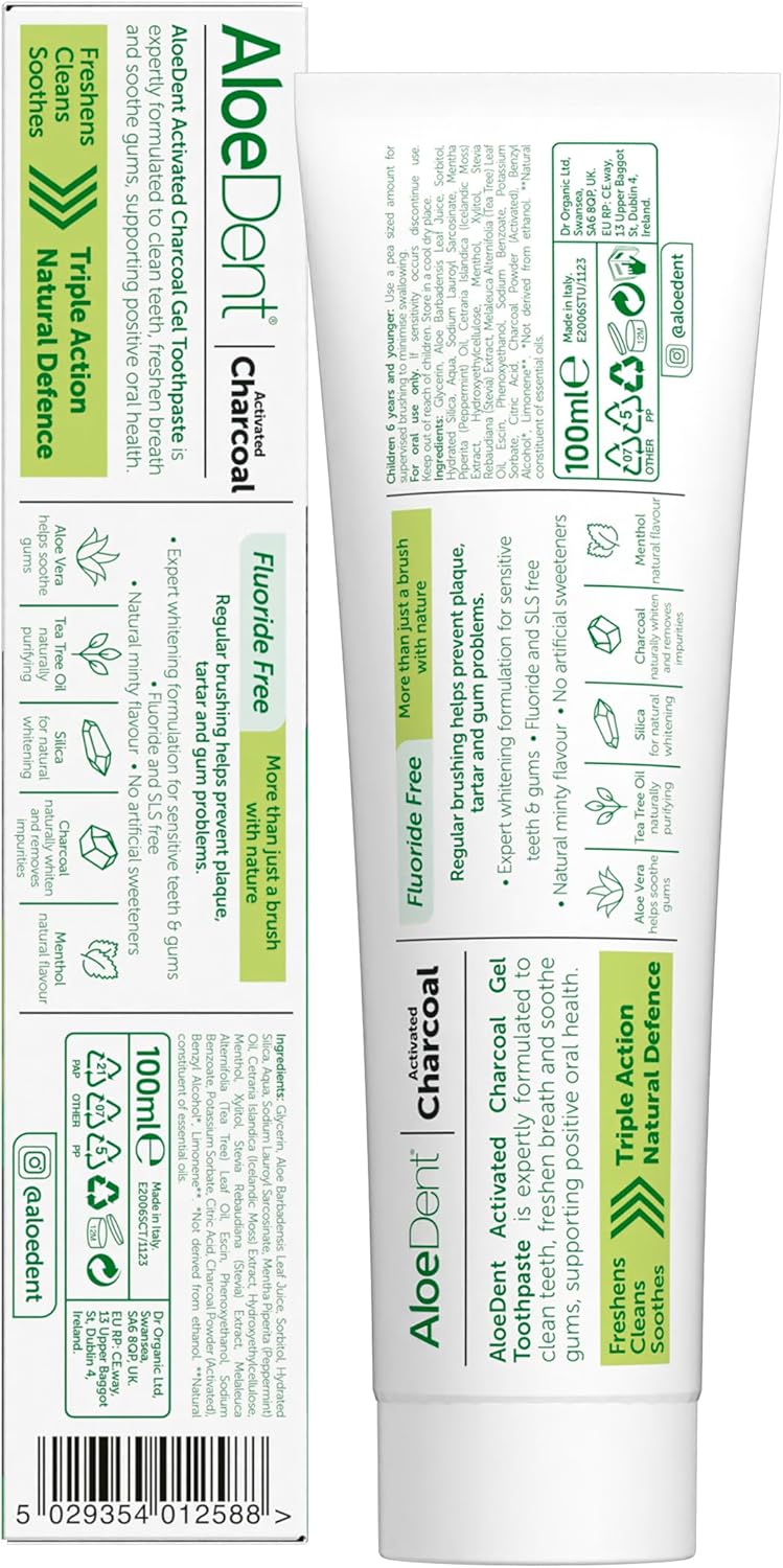 Aloe Dent Charcoal Toothpaste Fluoride Free Natural Action Vegan Cruelty Free SLS Free Whitening Healthy Gums 100 ml - Image 2