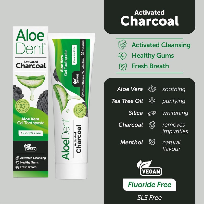 Aloe Dent Charcoal Toothpaste Fluoride Free Natural Action Vegan Cruelty Free SLS Free Whitening Healthy Gums 100 ml - Image 3