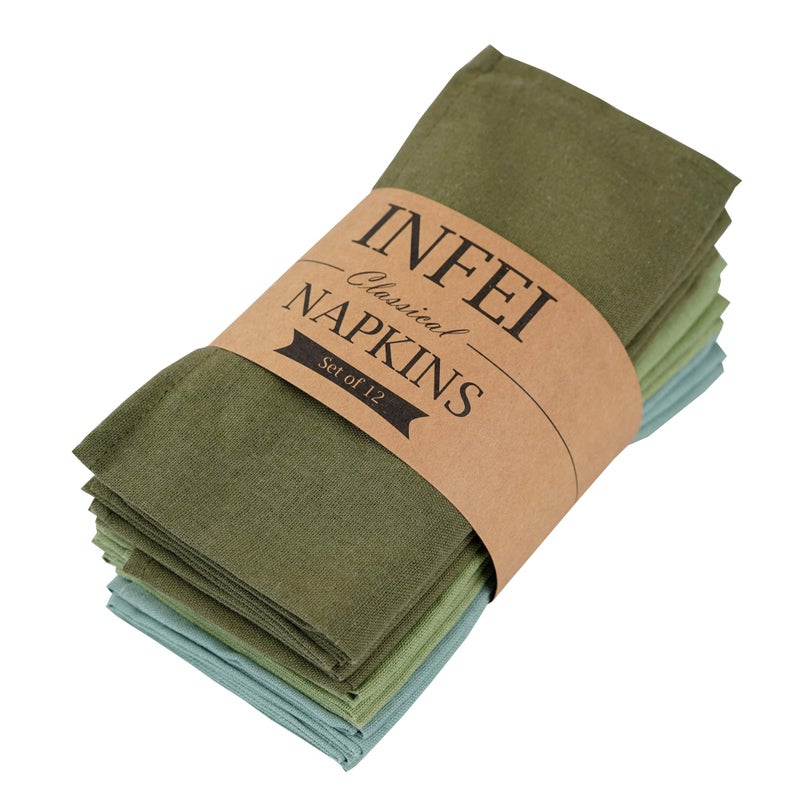 INFEI Solid Color Linen Blended Thin Dinner Cloth Napkins  Set of 12 40 x 40 cm  for Events  Home Use Multi Green