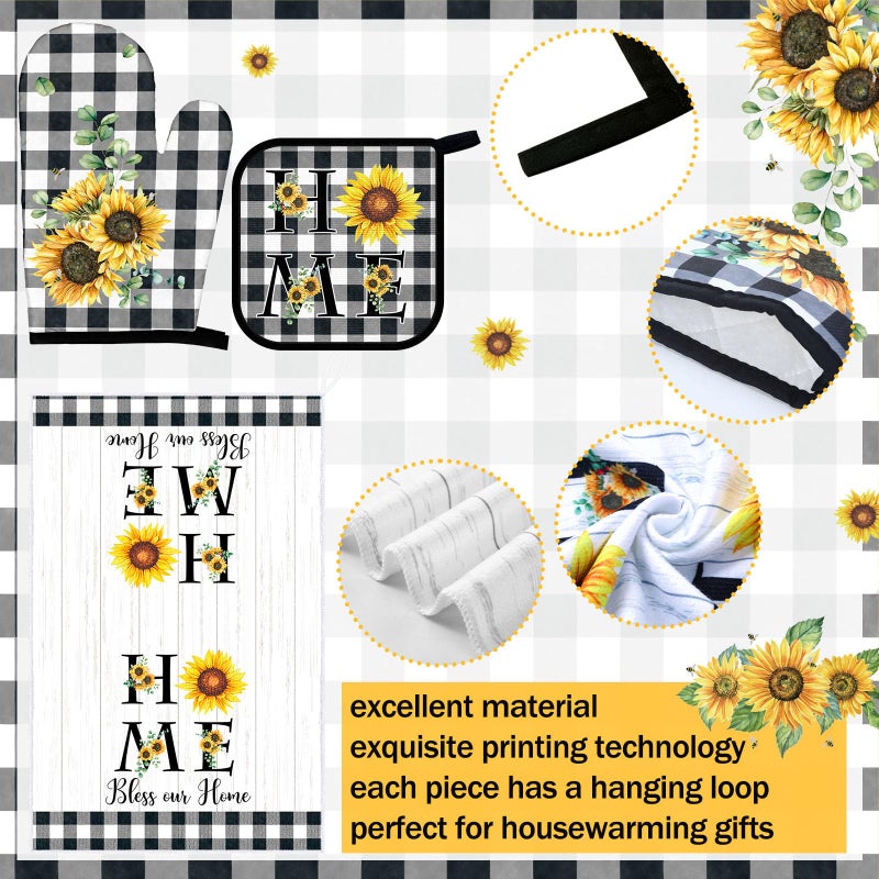 Leinuosen 8 Pcs Sunflower Checkered Kitchen Towels and Dishcloths Sets Oven Mitts and Pot Holders Sets Absorbent Kitchen Gloves Potholders Heat Resistant for Chef Baking Cooking - Image 5