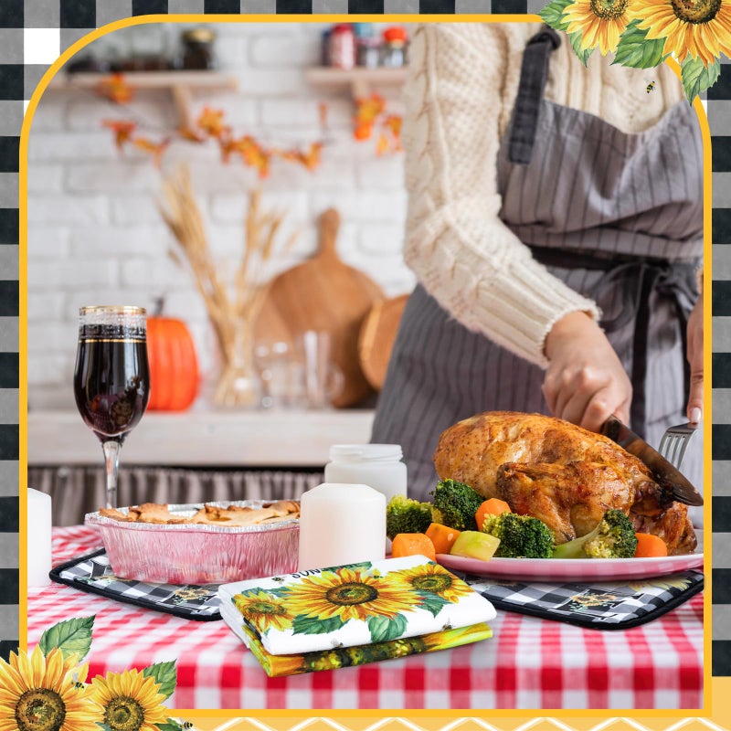 Leinuosen 8 Pcs Sunflower Checkered Kitchen Towels and Dishcloths Sets Oven Mitts and Pot Holders Sets Absorbent Kitchen Gloves Potholders Heat Resistant for Chef Baking Cooking - Image 4