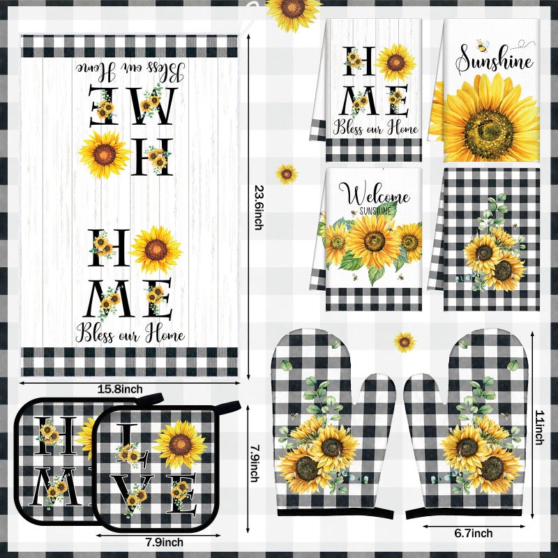 Leinuosen 8 Pcs Sunflower Checkered Kitchen Towels and Dishcloths Sets Oven Mitts and Pot Holders Sets Absorbent Kitchen Gloves Potholders Heat Resistant for Chef Baking Cooking - Image 3