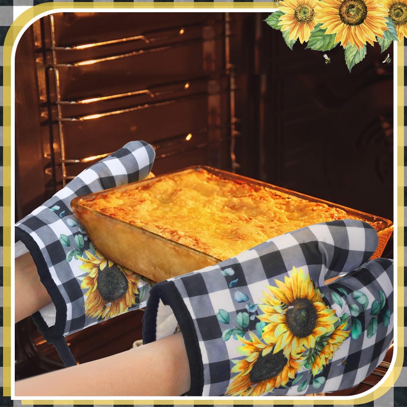 Leinuosen 8 Pcs Sunflower Checkered Kitchen Towels and Dishcloths Sets Oven Mitts and Pot Holders Sets Absorbent Kitchen Gloves Potholders Heat Resistant for Chef Baking Cooking - Image 2