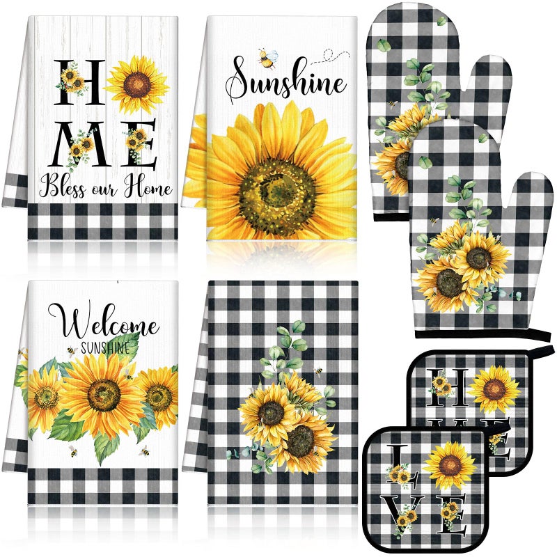 Leinuosen 8 Pcs Sunflower Checkered Kitchen Towels and Dishcloths Sets Oven Mitts and Pot Holders Sets Absorbent Kitchen Gloves Potholders Heat Resistant for Chef Baking Cooking - Image 1