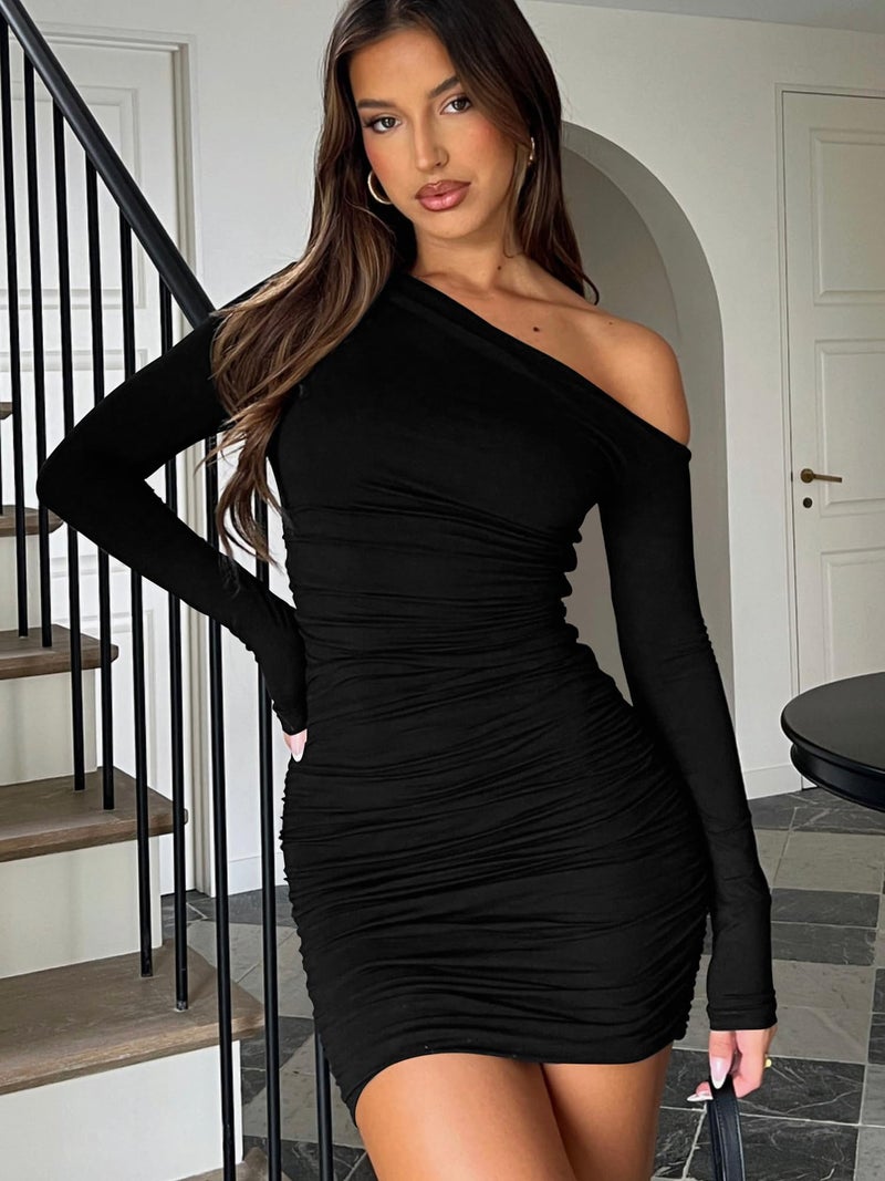 Mokoru Women's Sexy Elegant Off Shoulder Long Sleeve Ruched Bodycon Cocktail Party Mini Dresses, Large, Black - Image 5