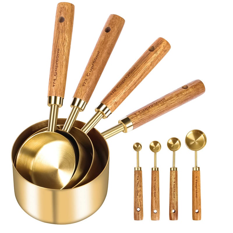 Cuteefun Measuring Cups and Spoons Set of 8 Wooden Handle with Metric and US Measurements Premium Stainless Steel Gold Polished Finish Dry  Liquid Measuring Cup for Cooking and Baking