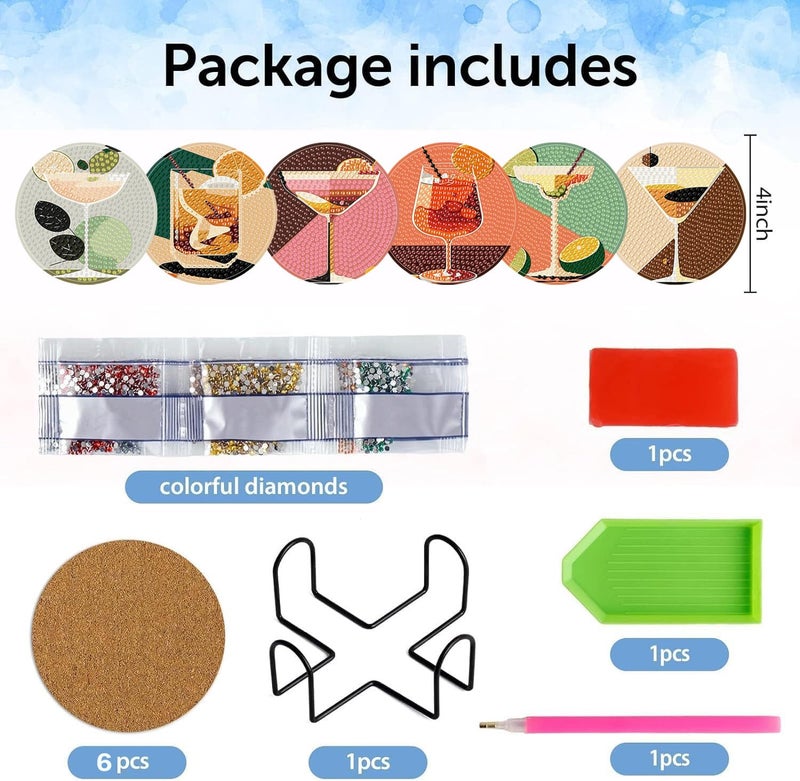 igoodom Diamond Art Coasters Kit, 6 PCS Cocktail Diamond Painting Coasters Kit for Adults with Holder, DIY Mosaic Crafts for Adults 3.9inch - Image 2