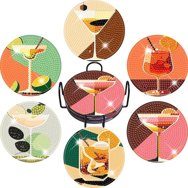 igoodom Diamond Art Coasters Kit, 6 PCS Cocktail Diamond Painting Coasters Kit for Adults with Holder, DIY Mosaic Crafts for Adults 3.9inch - Image 1