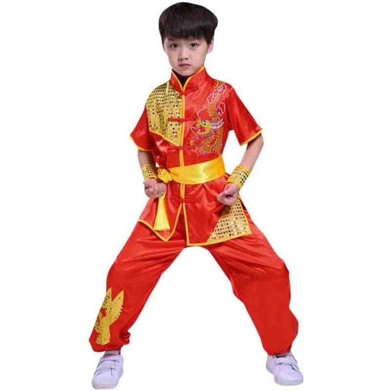 Boys Girls Kung Fu Master Tai Chi Dragon Chinese Uniform Top Shirt Pants Set Outfit - Image 1