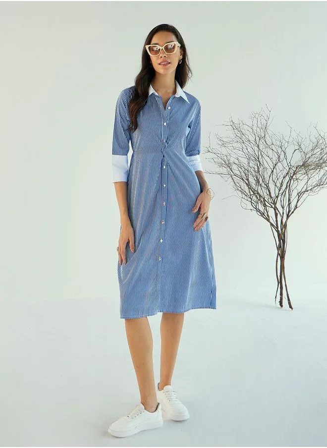 ساسافراس Striped Contrast Trim Shirt Knee Length Dress