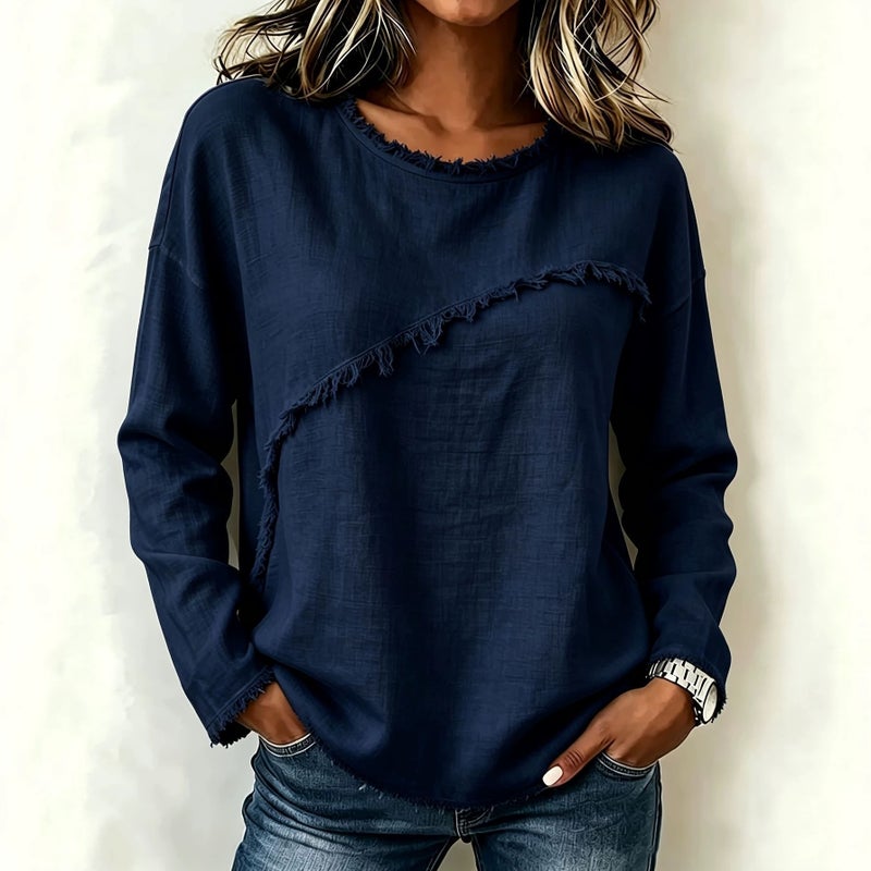 Women's Round Neck Long Sleeve Lace T-Shirt, Loose Fit - Image 1