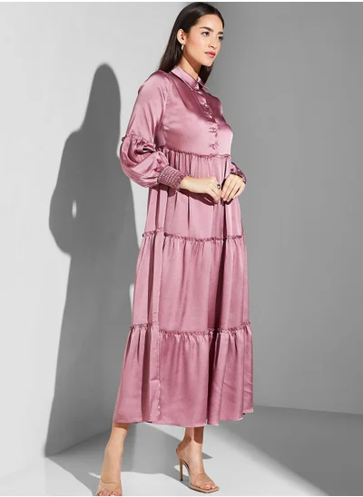 Refka by modanisa Ruched Sleeve Button Detail Dress