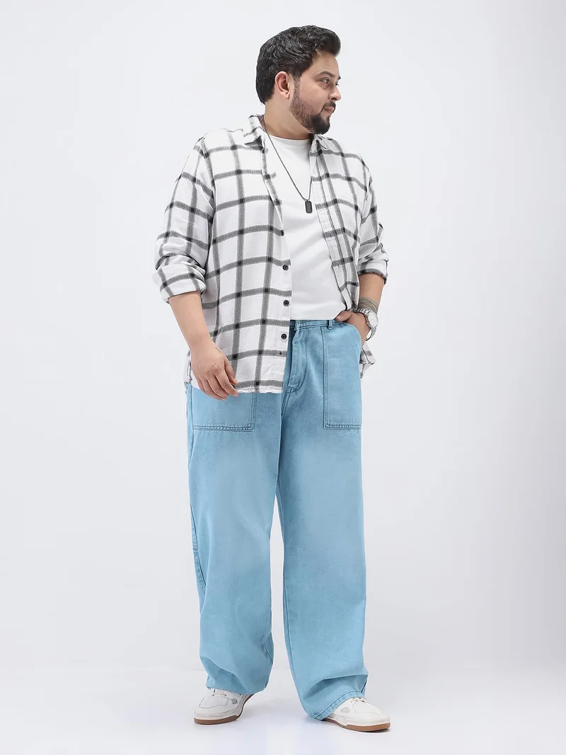 Urbano Fashion  Urbano Plus Men's Ice Blue Loose Fit Cargo Carpenter Jeans with 6 Pockets Non-Stretchable  | Best Price UAE