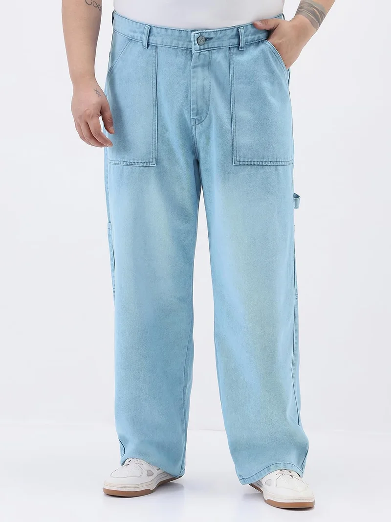 Urbano Plus Men's Ice Blue Loose Fit Cargo Carpenter Jeans with 6 Pockets Non-Stretchable
