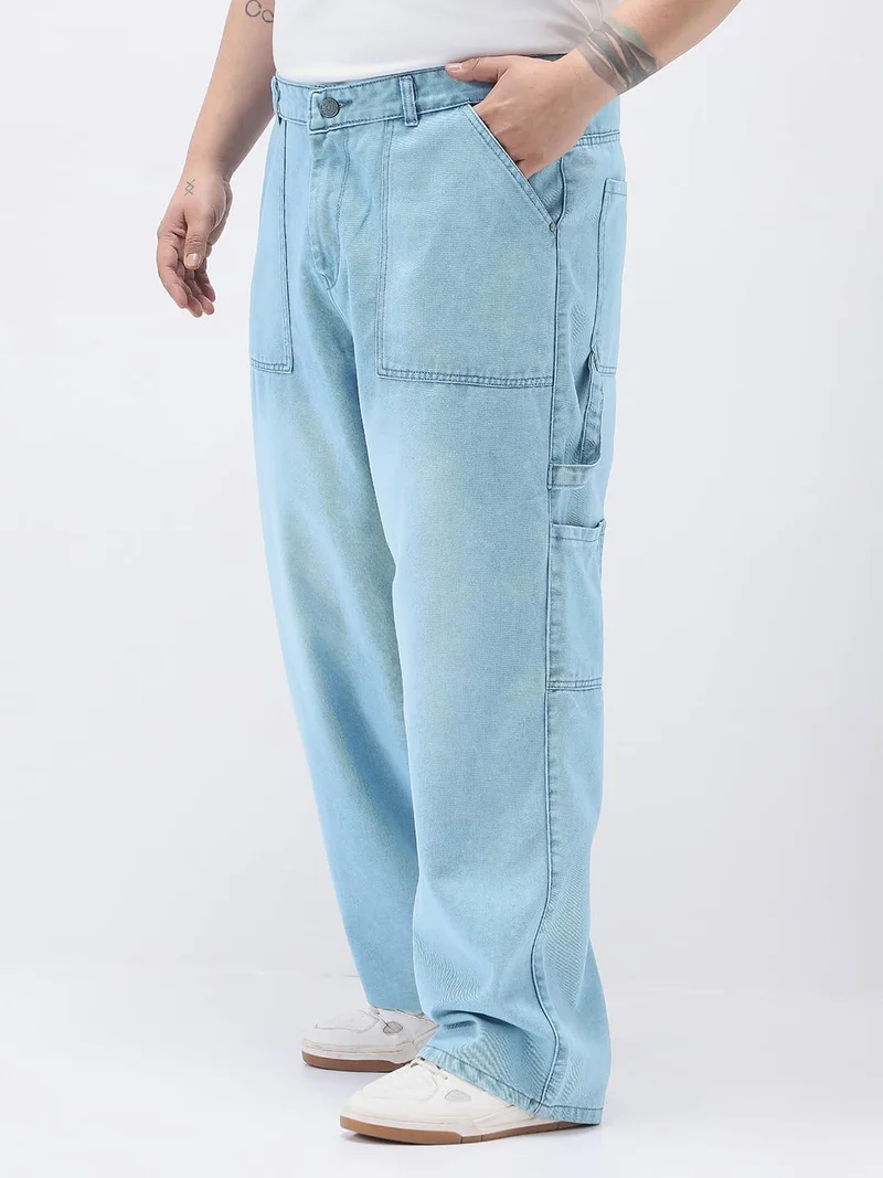 Urbano Fashion  Urbano Plus Men's Ice Blue Loose Fit Cargo Carpenter Jeans with 6 Pockets Non-Stretchable  | Best Price UAE