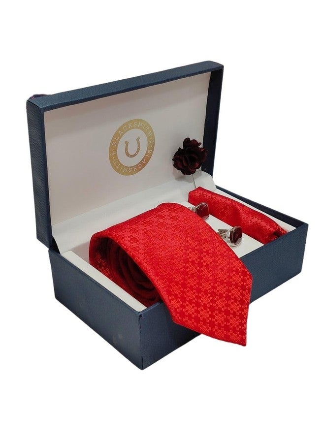 BLACKSMITH Jacquard Red Ruby Tie and Pocket Square Set with Cufflink and Matching Flower Lapel Pin | for Men & Women | Pack of 4 - Image 4