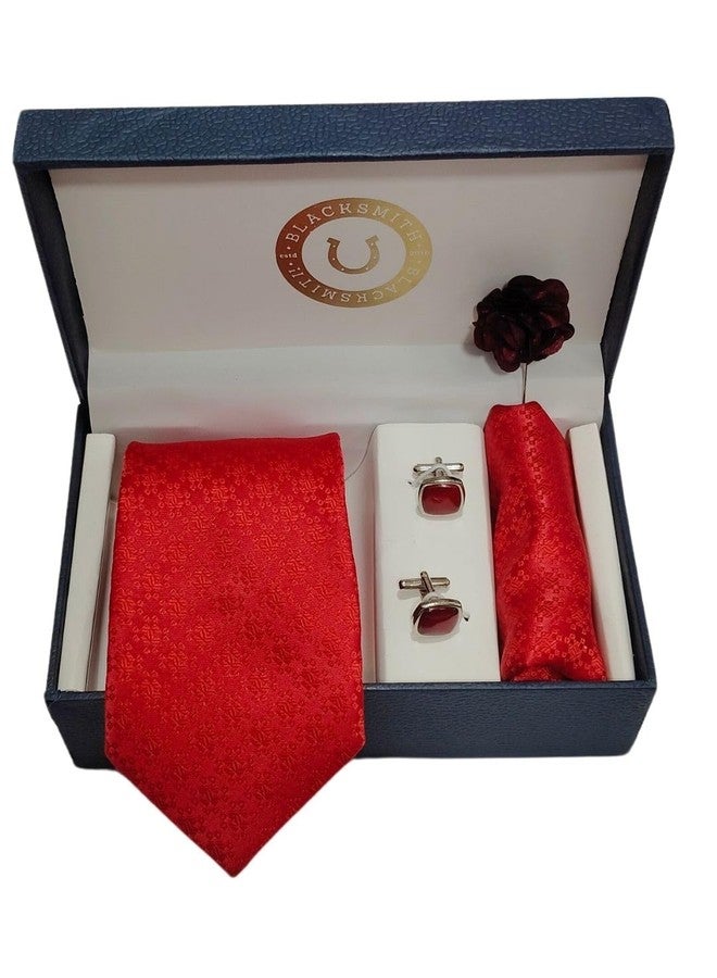 BLACKSMITH Jacquard Red Ruby Tie and Pocket Square Set with Cufflink and Matching Flower Lapel Pin | for Men & Women | Pack of 4 - Image 3