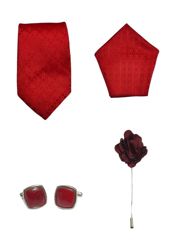 BLACKSMITH Jacquard Red Ruby Tie and Pocket Square Set with Cufflink and Matching Flower Lapel Pin | for Men & Women | Pack of 4 - Image 1