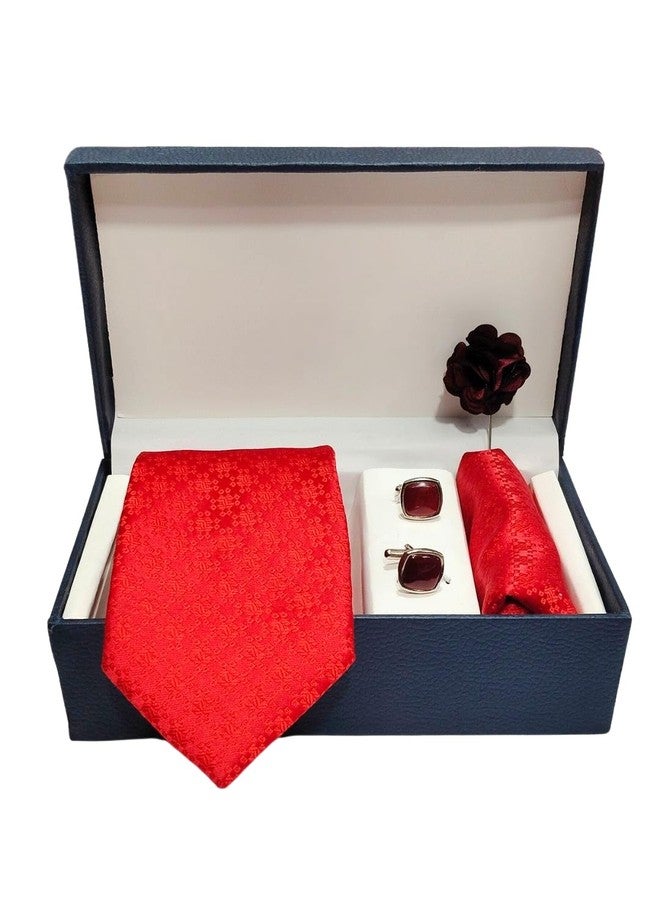BLACKSMITH Jacquard Red Ruby Tie and Pocket Square Set with Cufflink and Matching Flower Lapel Pin | for Men & Women | Pack of 4 - Image 2