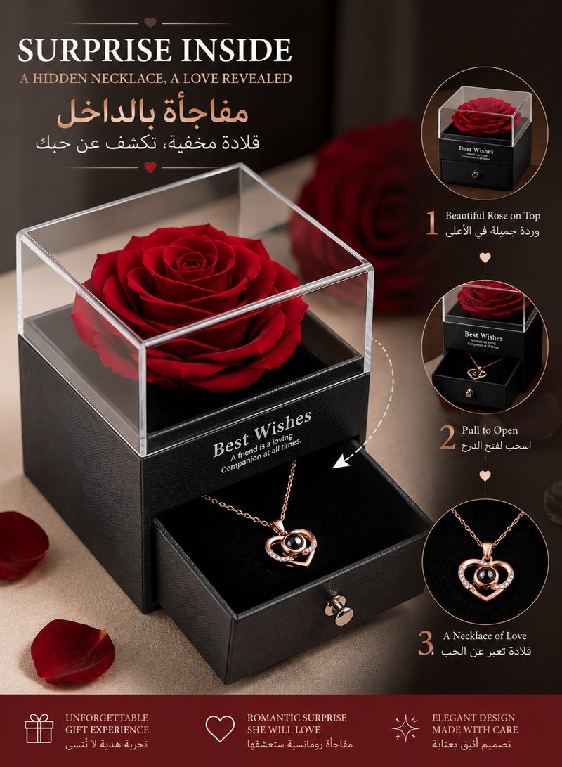 MAOGEDA Preserved Flowers with Necklace Gift Box - Forever Red Rose with I Love You Necklace for Mom/Daughter/Girlfriend/Wife on Anniversary/Wedding/Birthday/Birthday (Red) - Image 3