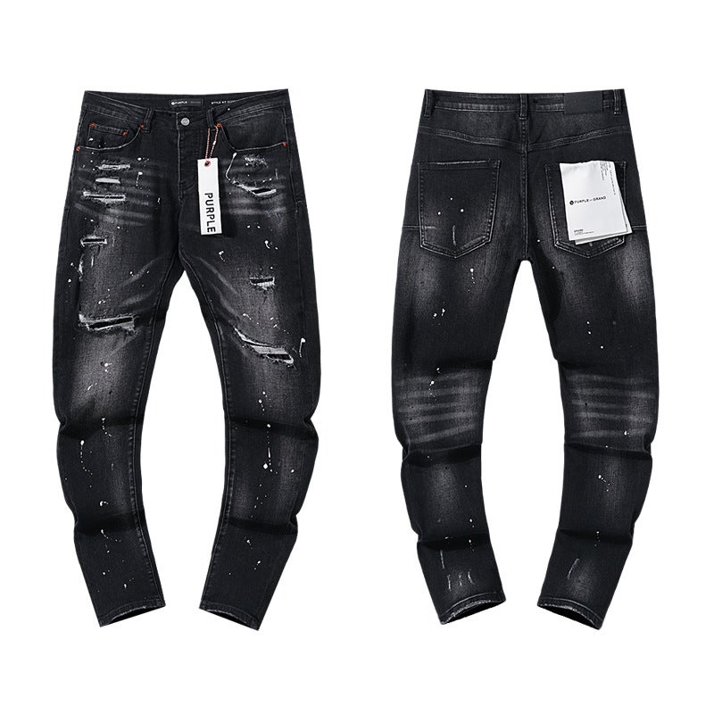 Purple Brand Splatter Print Retro Distressed Jeans for Men Pu125 black 