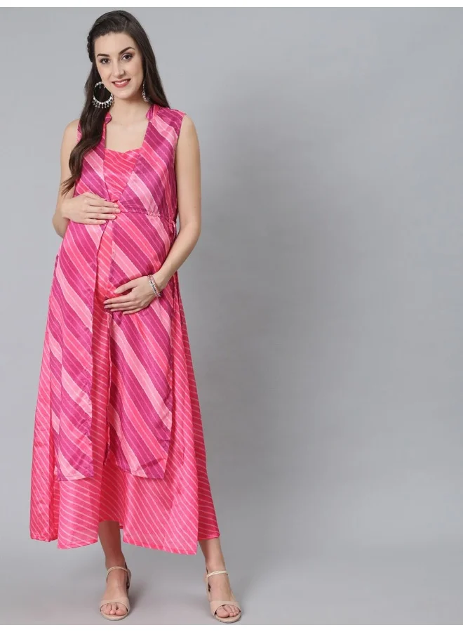 AKS Pink Leheriya Print Maxi Dress