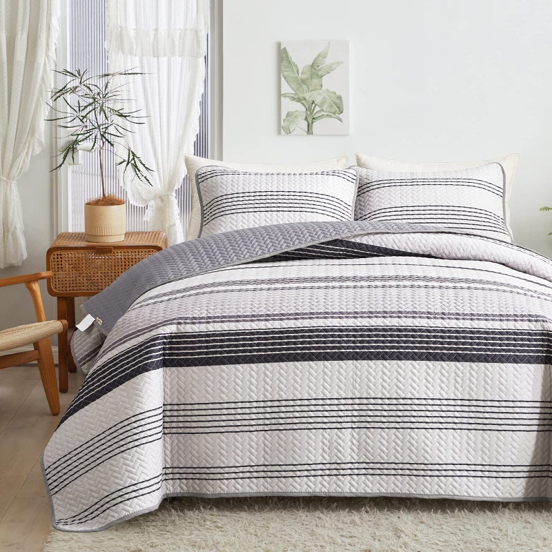 Flysheep Grey Boho Quilt Set Full Queen Size 3 Pcs Gray Black and Navy Striped Bedspread Soft Microfiber Modern Coverlet for All Season  1 Quilt and 2 Pillow Shams