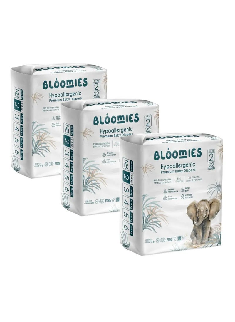 Bloomies Bloomies Premium Tape Style Baby Diapers, 66 Pieces, Size 2, 3 to 8kg - Hypoallergenic, 3D Leak Protection, Wetness Indicator, Super Soft 