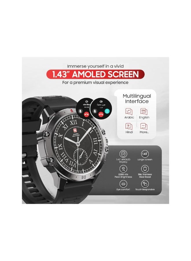 SWISS MILITARY - Swiss Military DOM5 Smartwatch 1.43" AMOLED, Bluetooth Calling, Multi Language, Health & Sports Tracking, Wireless Charging, 7 Days Battery, IP68, iOS/Android Compatible, Black Frame with Black Strap - Image 1