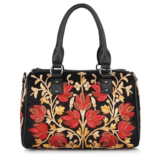 EVEDA Women Floral Embroidered Duffle Shoulder Bag, Vintage Style Handbag with Leather Handles,Sling Strap with Botanical Design (Black) - Image 2