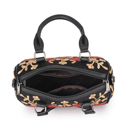 EVEDA Women Floral Embroidered Duffle Shoulder Bag, Vintage Style Handbag with Leather Handles,Sling Strap with Botanical Design (Black) - Image 4