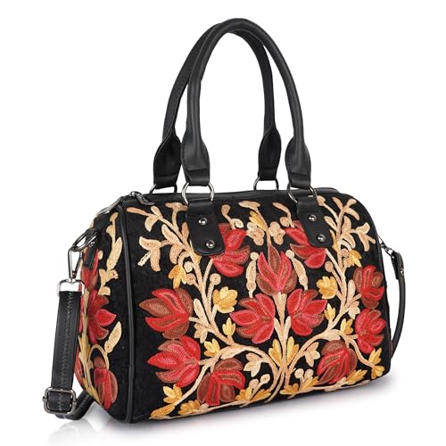 EVEDA Women Floral Embroidered Duffle Shoulder Bag, Vintage Style Handbag with Leather Handles,Sling Strap with Botanical Design (Black) - Image 1