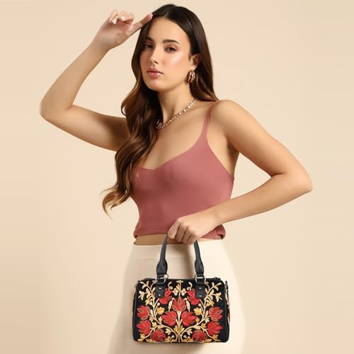 EVEDA Women Floral Embroidered Duffle Shoulder Bag, Vintage Style Handbag with Leather Handles,Sling Strap with Botanical Design (Black) - Image 5