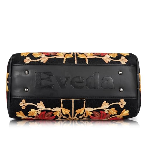 EVEDA Women Floral Embroidered Duffle Shoulder Bag, Vintage Style Handbag with Leather Handles,Sling Strap with Botanical Design (Black) - Image 3