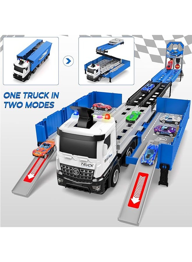 Hihonor Race Car Track Toy Truck Toy with Slots & Foldable Race Tracks Transport Car Carrier Toy for Toddlers Cars Toy Set Container Truck Toy with 8 Alloy Cars Vehicles Toy Set for 3+ Kids Boys Girls - Image 2
