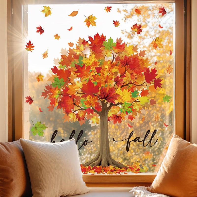 Whaline 6 Sheets Hello Fall Window Clings Large Watercolor Maple Tree Reusable Window Decals for Autumn Harvest Thanksgiving Party Home Office School Decor - Image 1