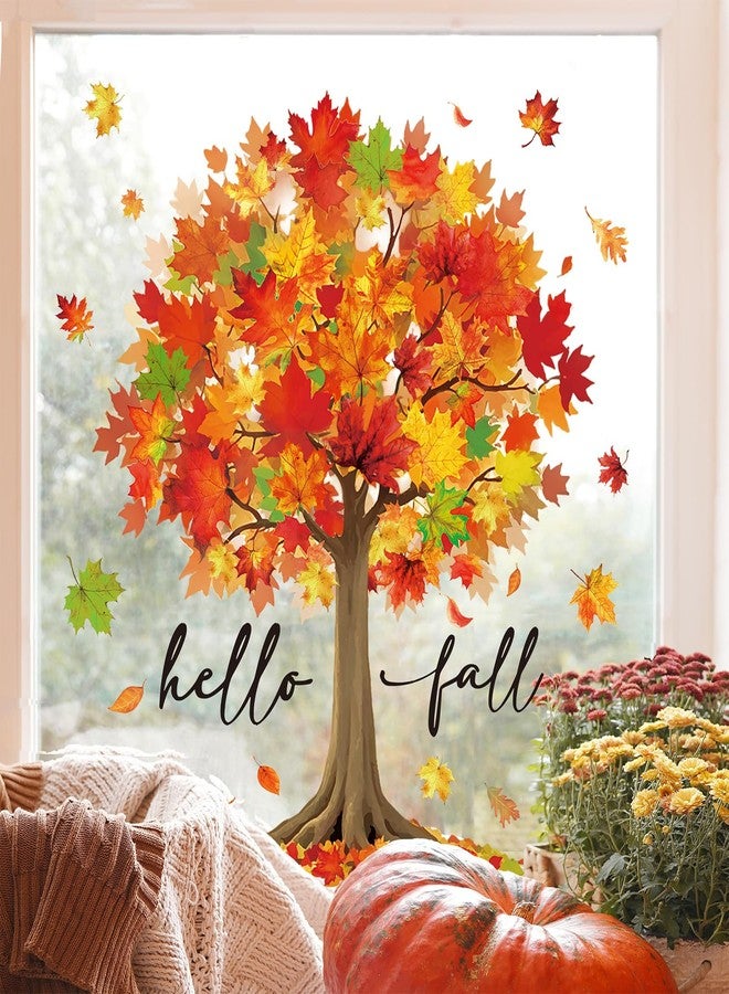 Whaline 6 Sheets Hello Fall Window Clings Large Watercolor Maple Tree Reusable Window Decals for Autumn Harvest Thanksgiving Party Home Office School Decor - Image 2