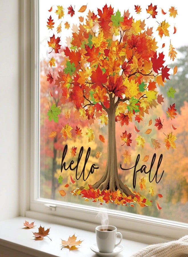 Whaline 6 Sheets Hello Fall Window Clings Large Watercolor Maple Tree Reusable Window Decals for Autumn Harvest Thanksgiving Party Home Office School Decor - Image 3