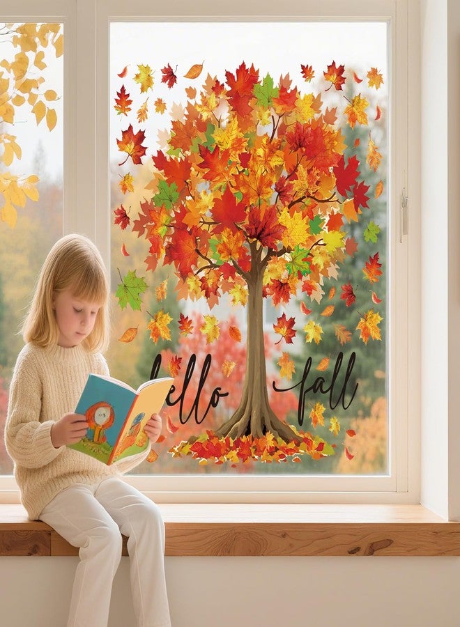 Whaline 6 Sheets Hello Fall Window Clings Large Watercolor Maple Tree Reusable Window Decals for Autumn Harvest Thanksgiving Party Home Office School Decor - Image 4
