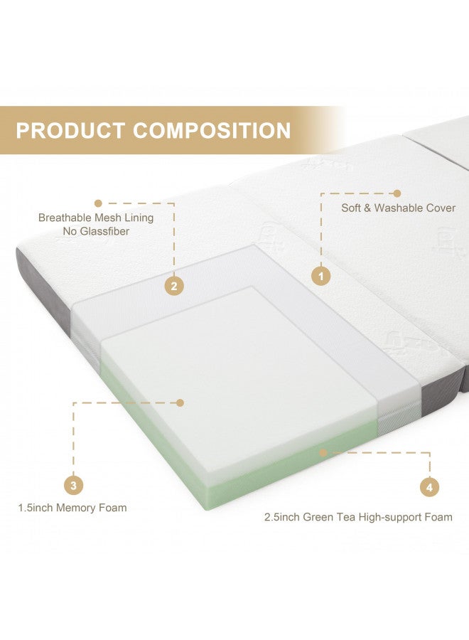Lazyzizi Lazyzizi Folding Mattress, 4 Inch Memory Foam Tri-fold Mattress with Breathable & Washable Bamboo Fiber Fabric Cover, Foldable Floor Mattress Guest Bed for Camping, Road Trip, Queen  - Image 1