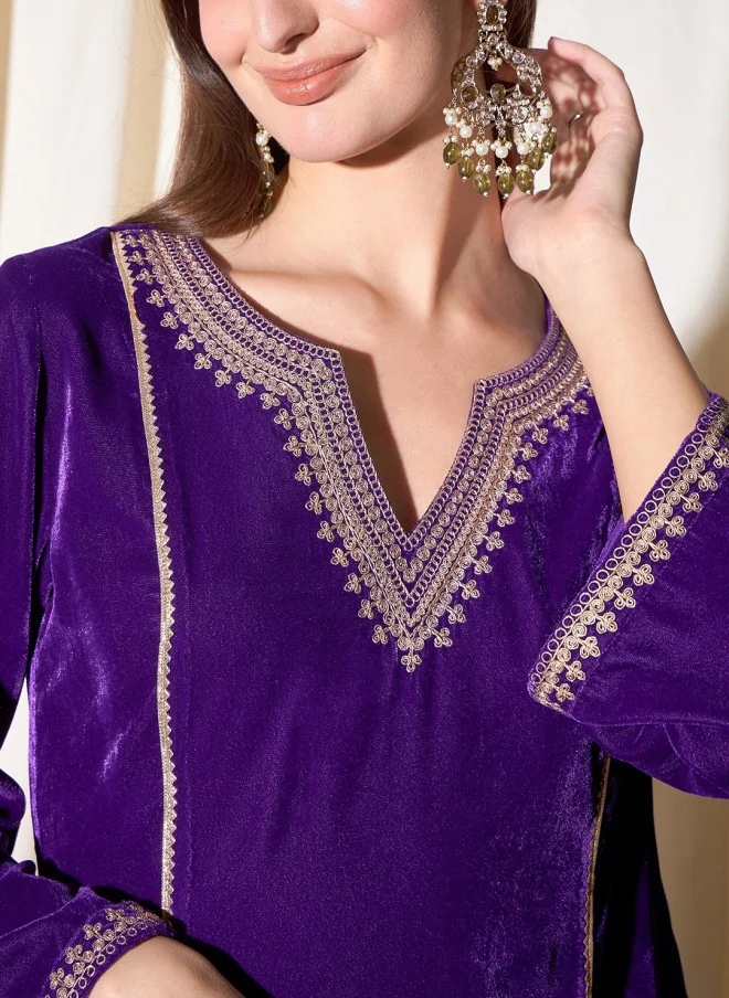 Indo Street Ethnic Motifs Embroidered Velvet Kurta with Trousers for Women