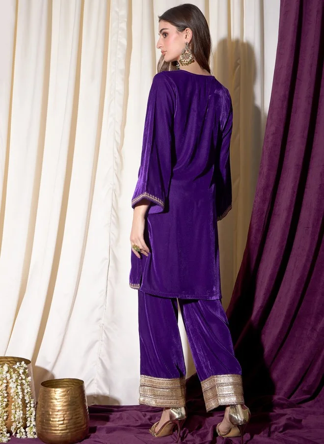 Indo Street Ethnic Motifs Embroidered Velvet Kurta with Trousers for Women