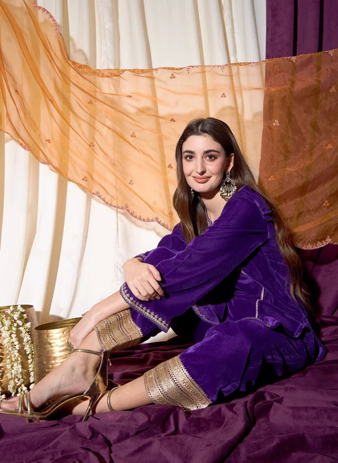 Indo Street Ethnic Motifs Embroidered Velvet Kurta with Trousers for Women